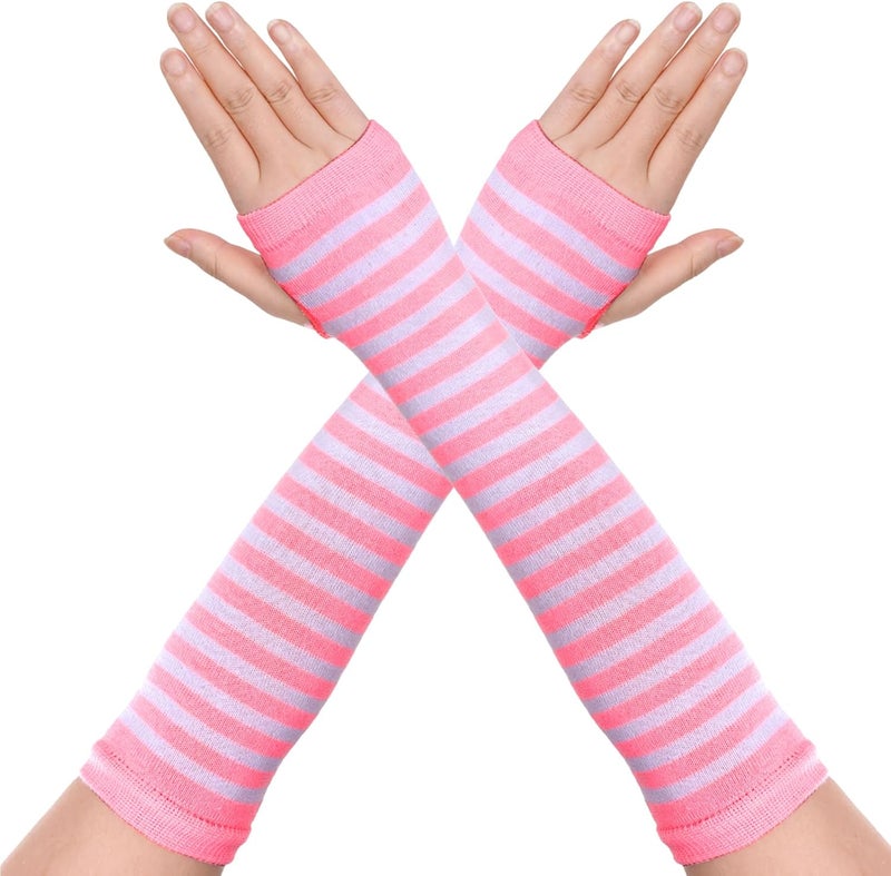 Tongcloud 1 Pair Womens Girls Punk Gothic Striped Knitted Arm Warmers Fingerless Gloves for Halloween Costume - Image 1